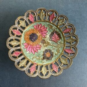 Vintage 5 In Closseine Pedestal Trinket Dish Lace Edge Orange Blue Green